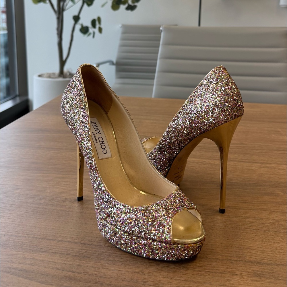 Jimmy Choo Multicolor Glitter Heels with Gold Accents
